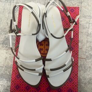 Tory Burch White and Brown Sandals with Ankle Strap